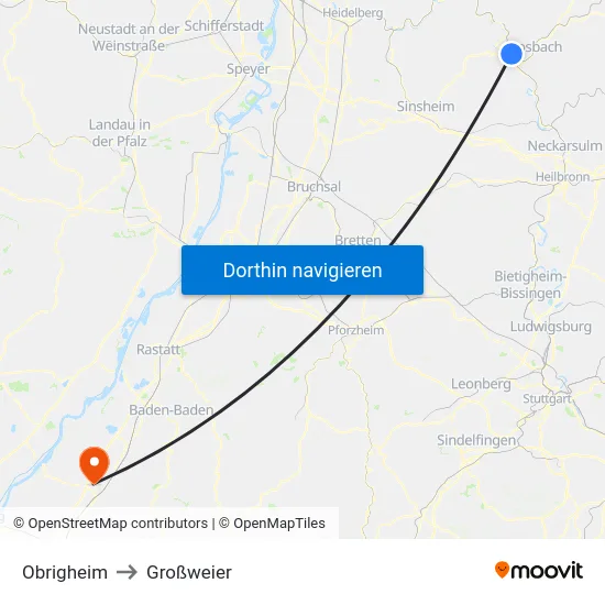 Obrigheim to Großweier map