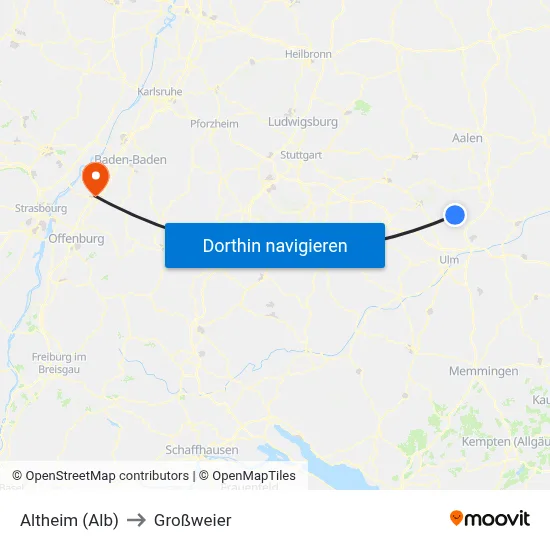 Altheim (Alb) to Großweier map