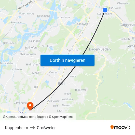 Kuppenheim to Großweier map