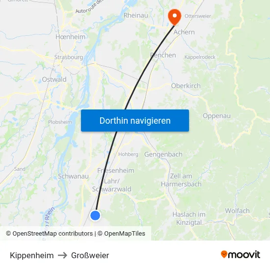 Kippenheim to Großweier map