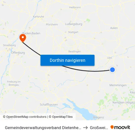 Gemeindeverwaltungsverband Dietenheim to Großweier map