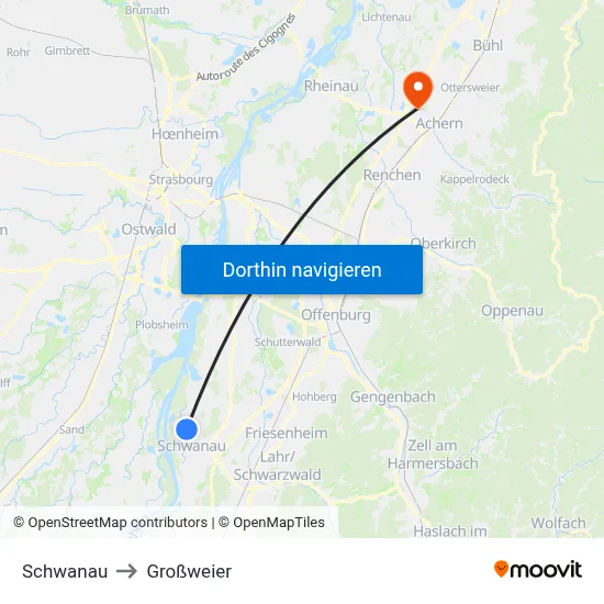 Schwanau to Großweier map