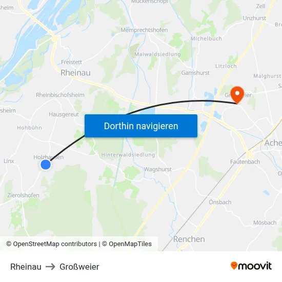Rheinau to Großweier map