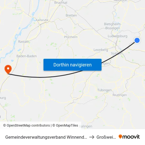 Gemeindeverwaltungsverband Winnenden to Großweier map