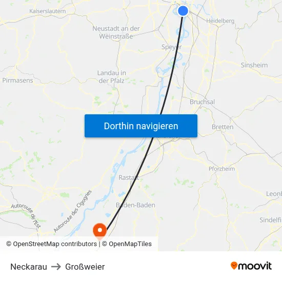 Neckarau to Großweier map