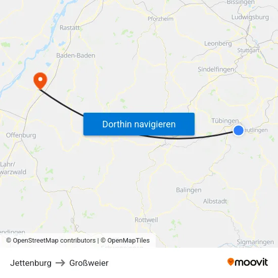 Jettenburg to Großweier map