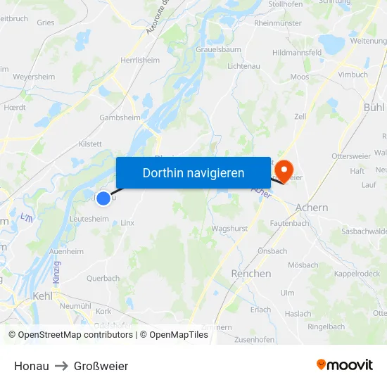 Honau to Großweier map