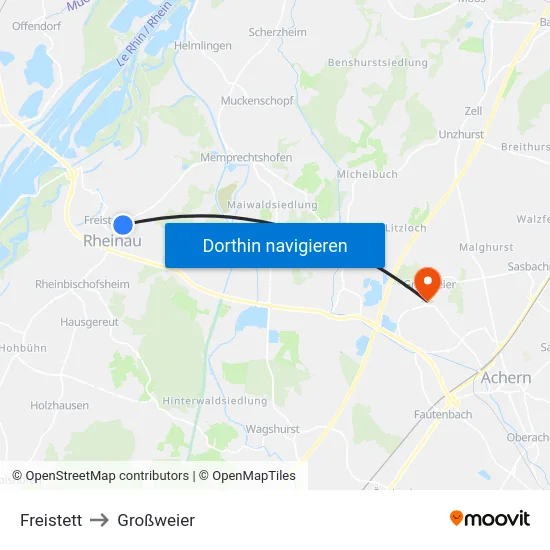 Freistett to Großweier map