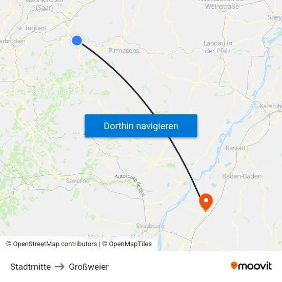 Stadtmitte to Großweier map