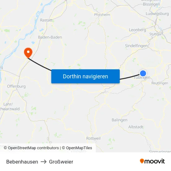 Bebenhausen to Großweier map