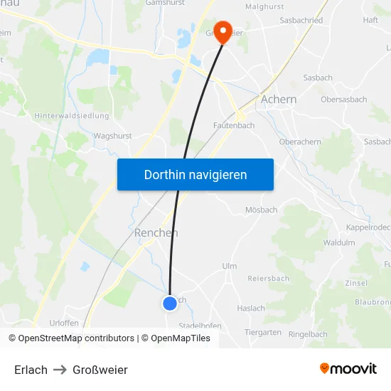 Erlach to Großweier map