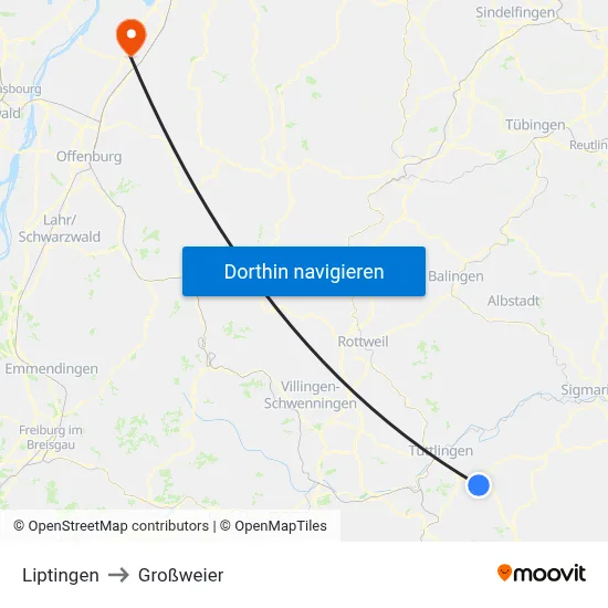 Liptingen to Großweier map