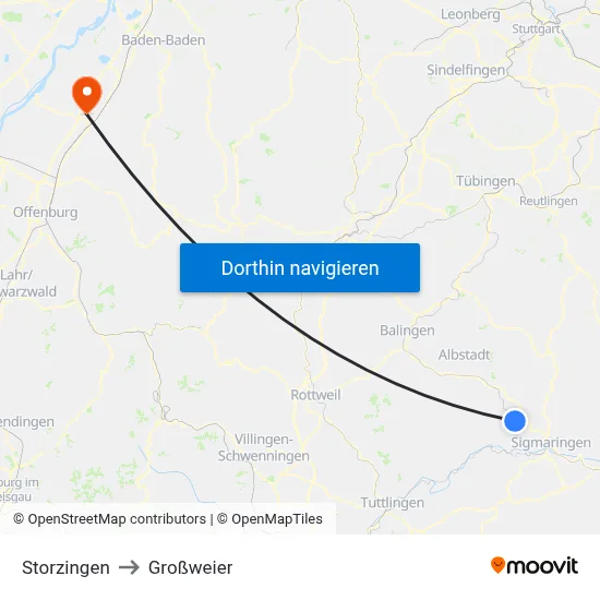 Storzingen to Großweier map