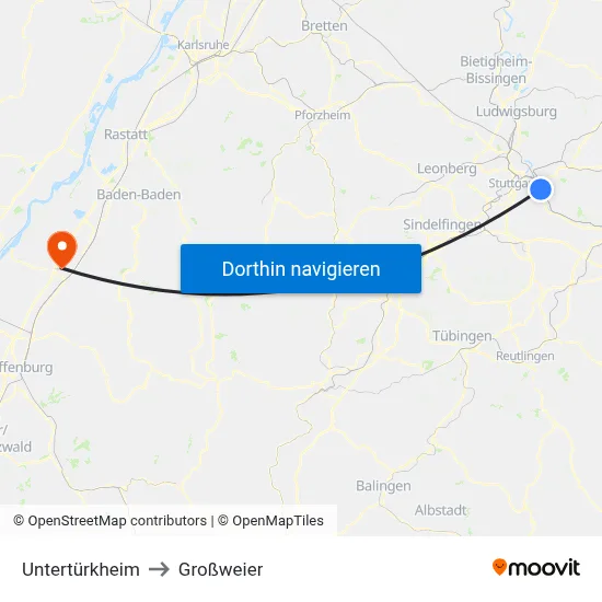Untertürkheim to Großweier map