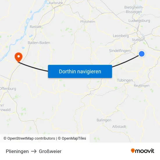 Plieningen to Großweier map