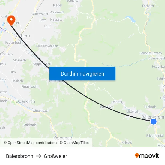 Baiersbronn to Großweier map