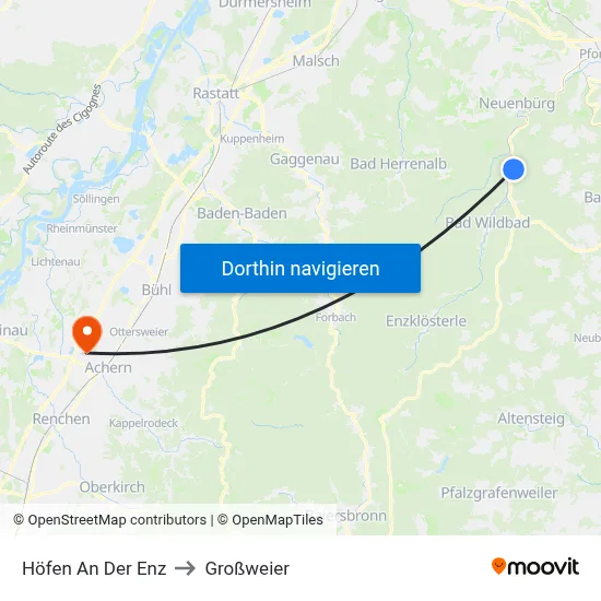 Höfen An Der Enz to Großweier map