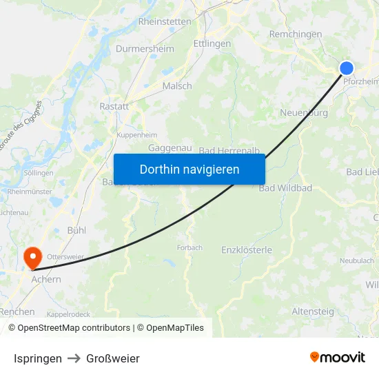 Ispringen to Großweier map