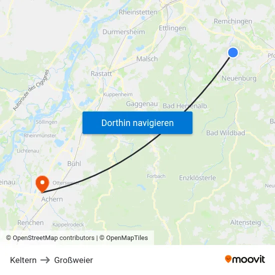 Keltern to Großweier map