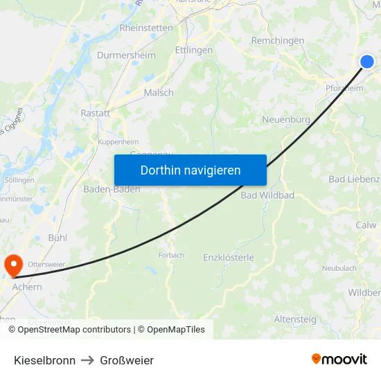 Kieselbronn to Großweier map