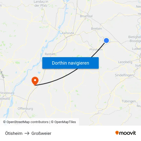 Ötisheim to Großweier map