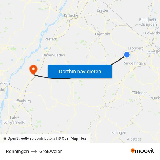 Renningen to Großweier map