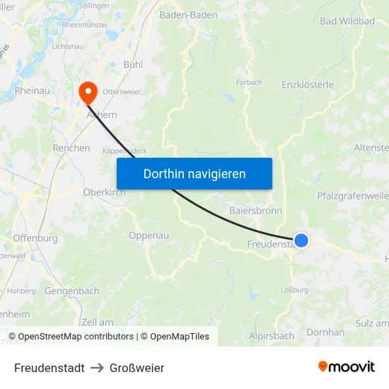 Freudenstadt to Großweier map