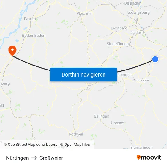 Nürtingen to Großweier map