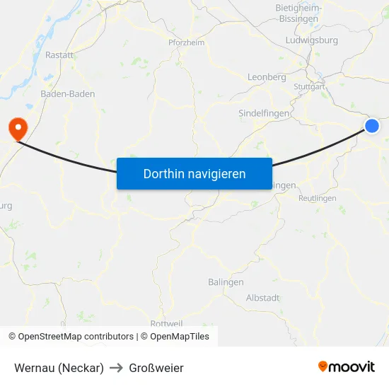 Wernau (Neckar) to Großweier map