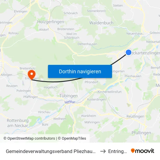 Gemeindeverwaltungsverband Pliezhausen to Entringen map