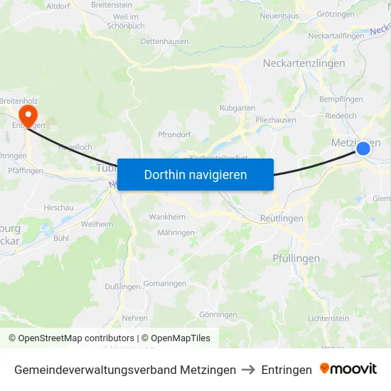 Gemeindeverwaltungsverband Metzingen to Entringen map
