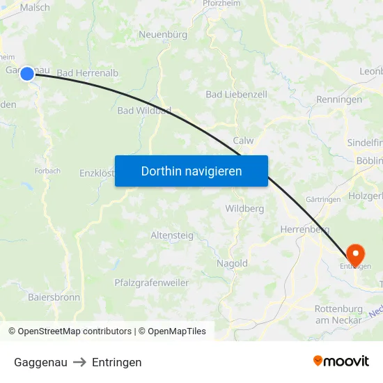 Gaggenau to Entringen map