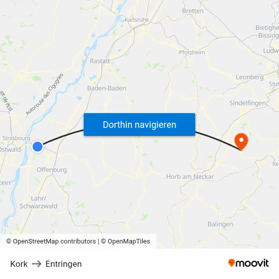 Kork to Entringen map