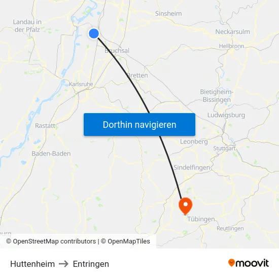 Huttenheim to Entringen map
