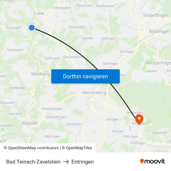 Bad Teinach-Zavelstein to Entringen map