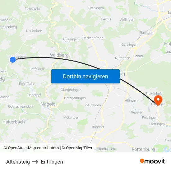 Altensteig to Entringen map