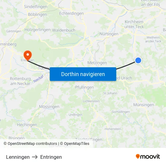 Lenningen to Entringen map