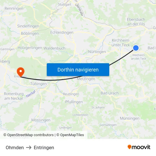 Ohmden to Entringen map