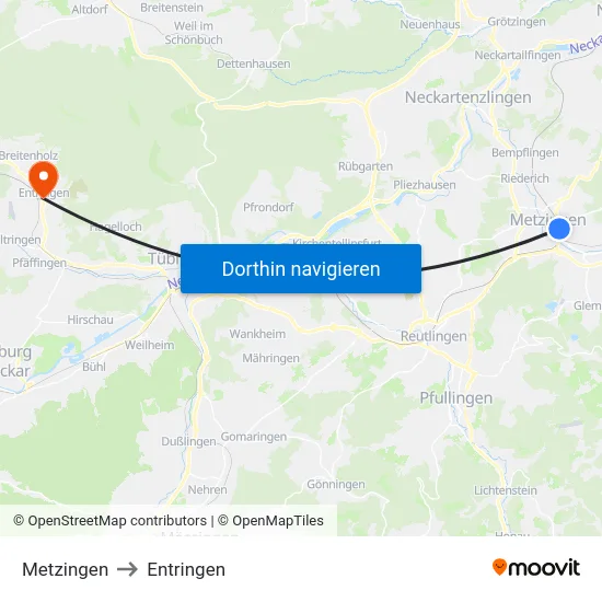 Metzingen to Entringen map