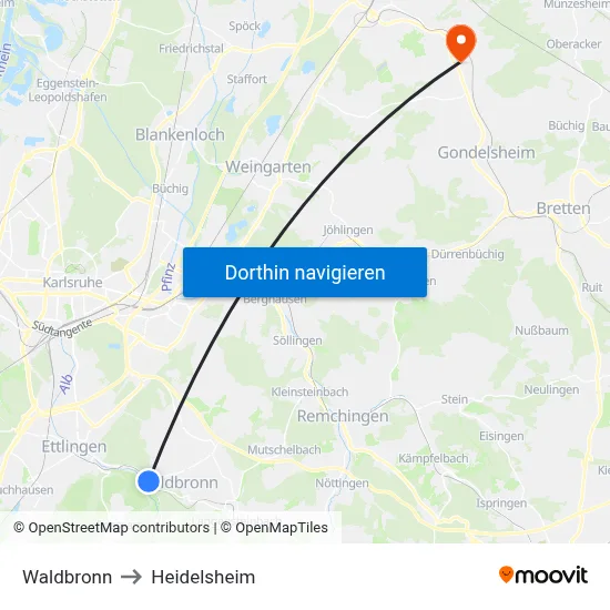 Waldbronn to Heidelsheim map