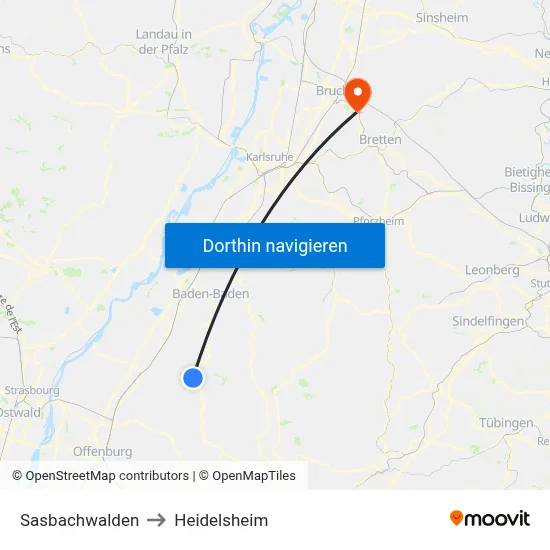 Sasbachwalden to Heidelsheim map