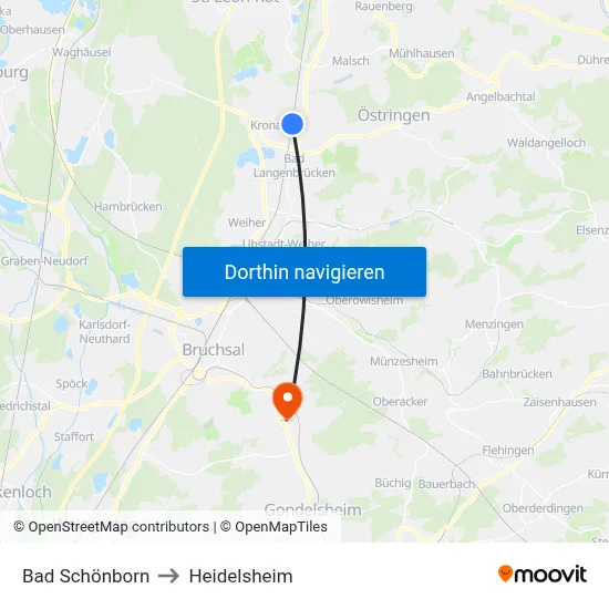 Bad Schönborn to Heidelsheim map