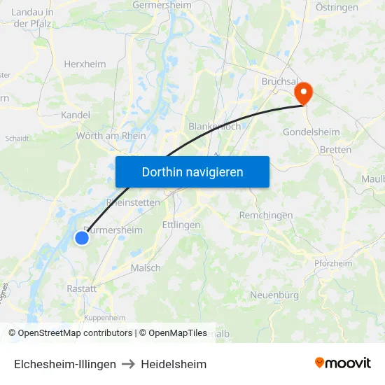 Elchesheim-Illingen to Heidelsheim map