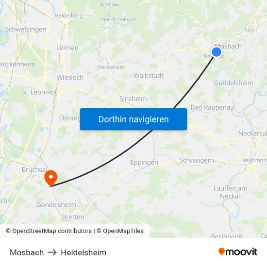 Mosbach to Heidelsheim map