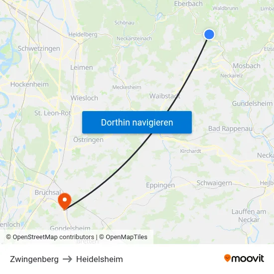 Zwingenberg to Heidelsheim map