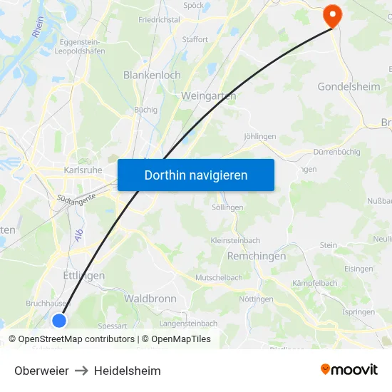 Oberweier to Heidelsheim map