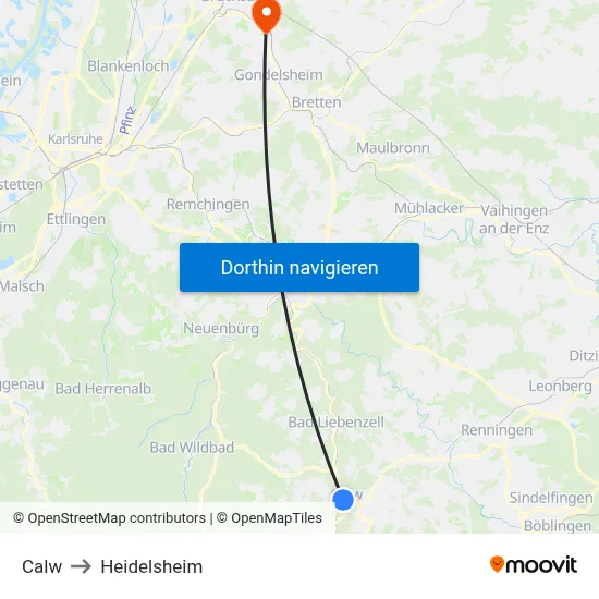 Calw to Heidelsheim map