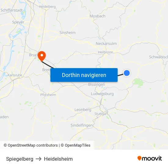 Spiegelberg to Heidelsheim map