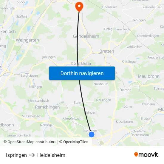 Ispringen to Heidelsheim map