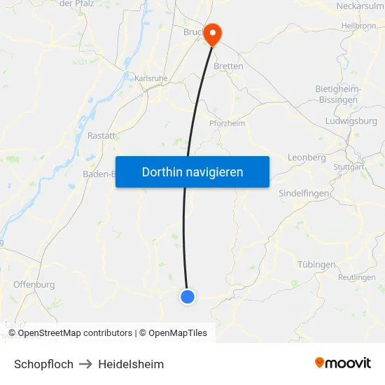 Schopfloch to Heidelsheim map